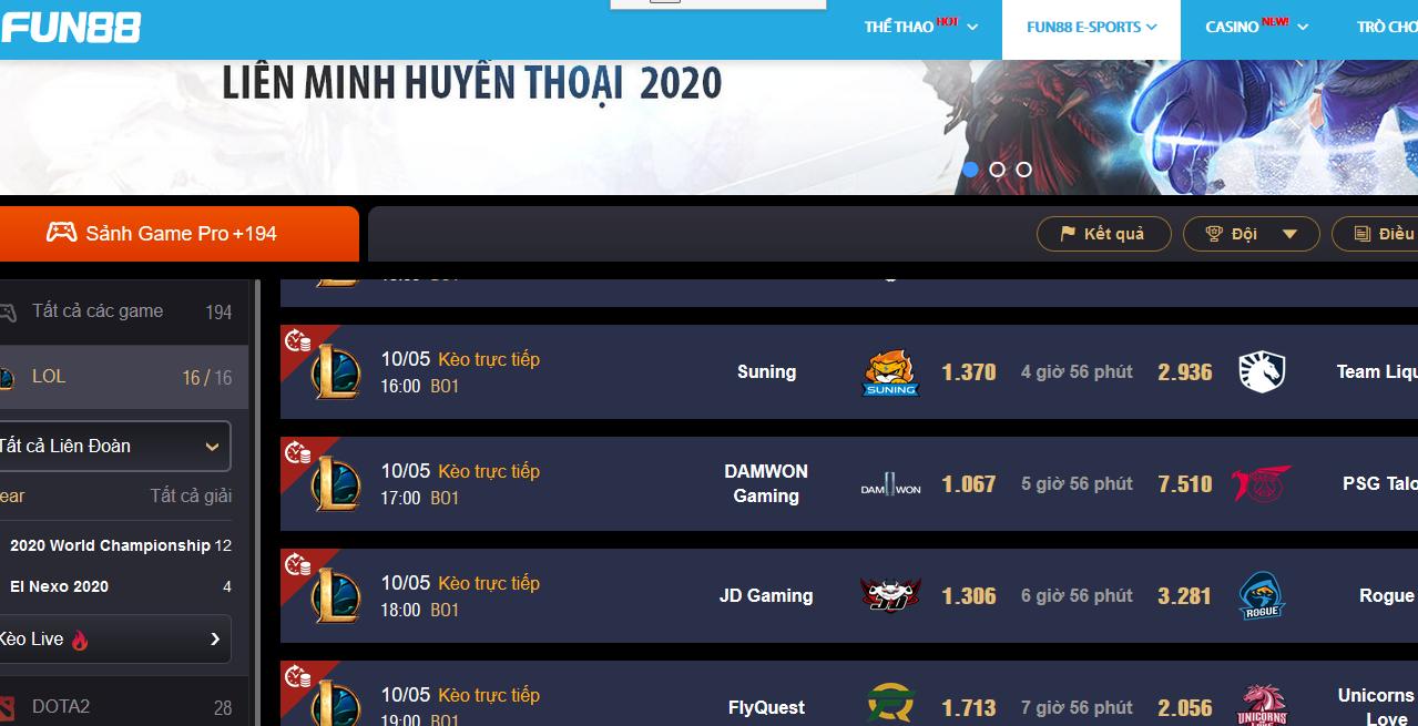Cá cược LMHT Chung Kết Thế Giới LOL S10 Tại Fun88 E-Sports!